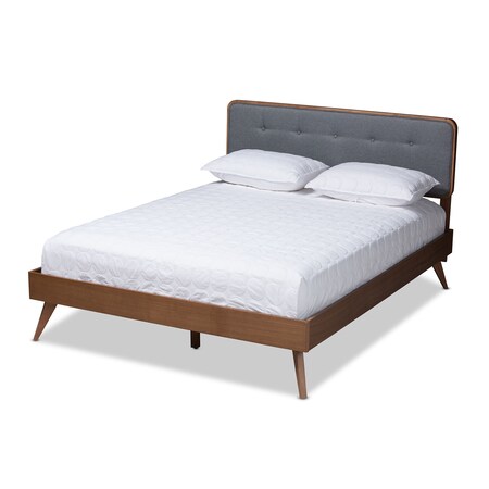 Baxton Studio Dilara Dark Grey Upholstered Walnut Finished Queen Size Platform Bed 156-9408-9438